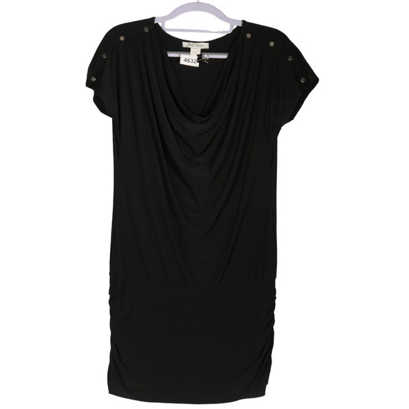 WHBM Tunic Blouse Women Small Black Studded Shoulders Slinky Drape Neck Ruched - Picture 1 of 8